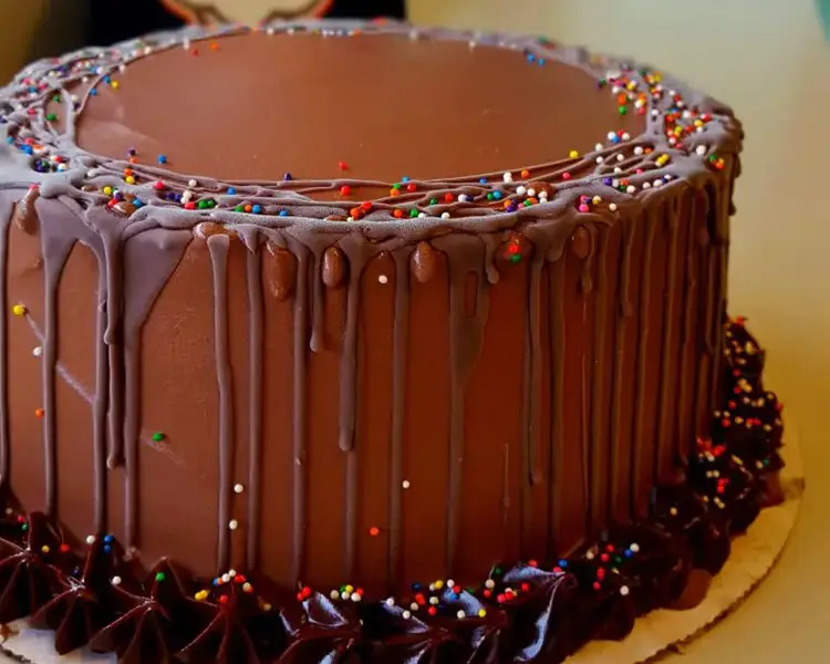 Chocolate Classic Ice Cream Cake with chocolate drizzle and rainbow sprinkles
